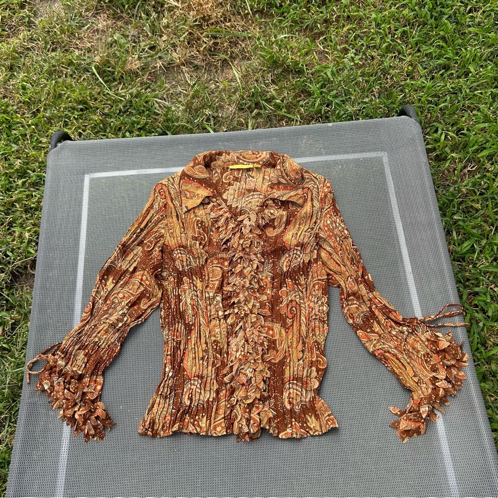 Lloyd Williams -Vintage Funky Paisley Ruffle neck Long Sleeve Blouse‎ Large